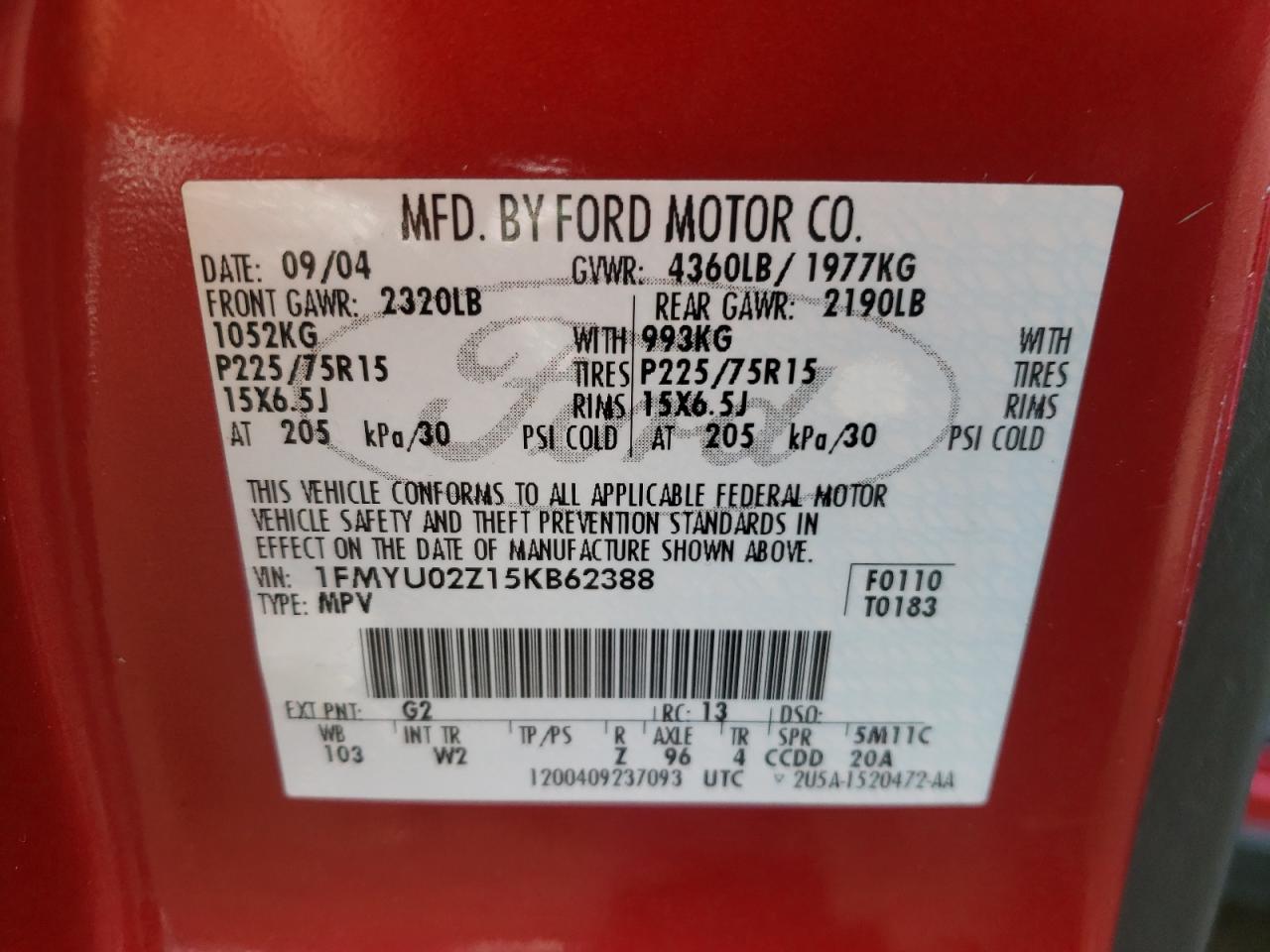 Photo 10 from auction – 2005 FORD ESCAPE XLS with VIN 1FMYU02Z15KB62388
