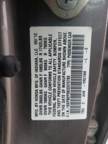 Photo 10 from auction – 2012 HONDA CIVIC LX with VIN 19XFB2F56CE070780