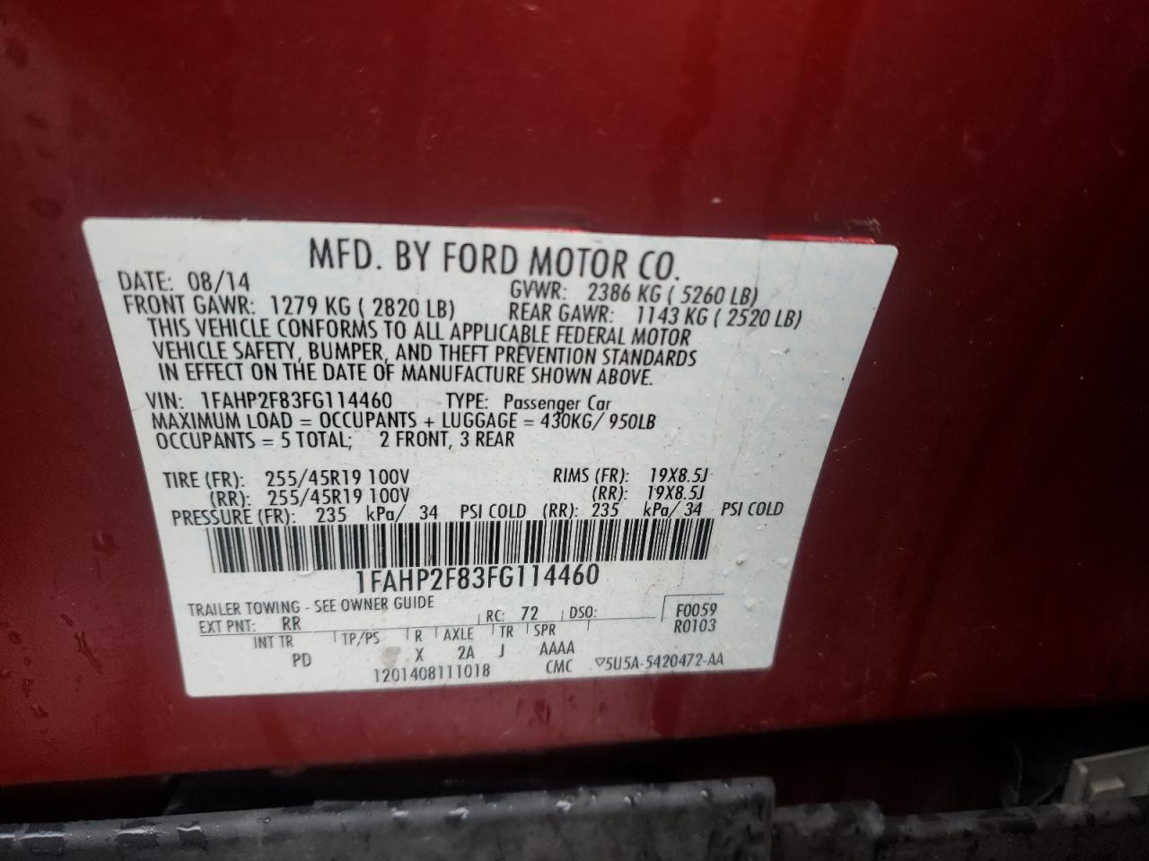Photo 10 from auction – 2015 FORD TAURUS LIM with VIN 1FAHP2F83FG114460