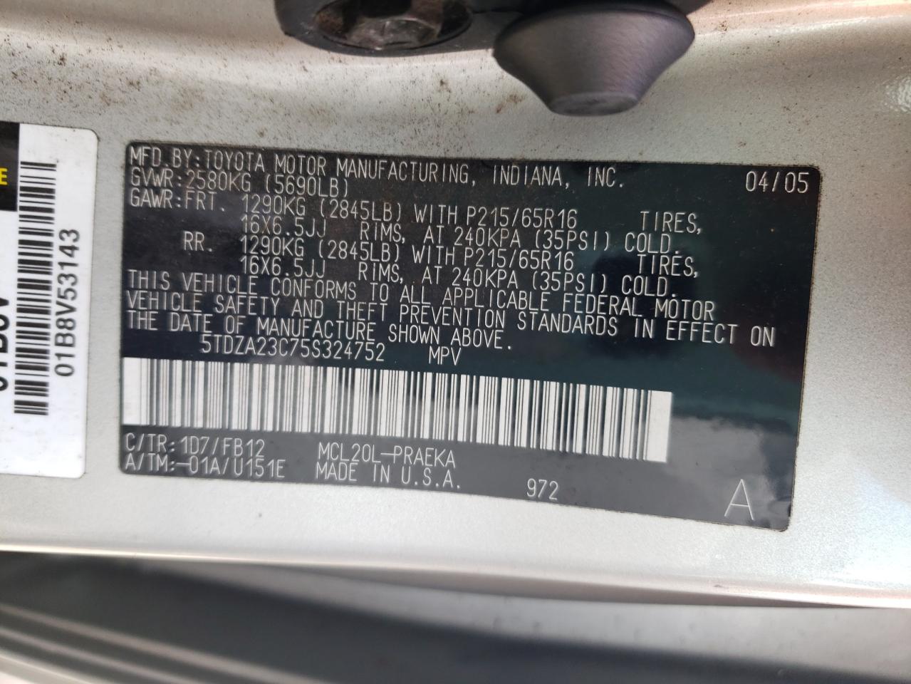 Photo 10 from auction – 2005 TOYOTA SIENNA CE with VIN 5TDZA23C75S324752