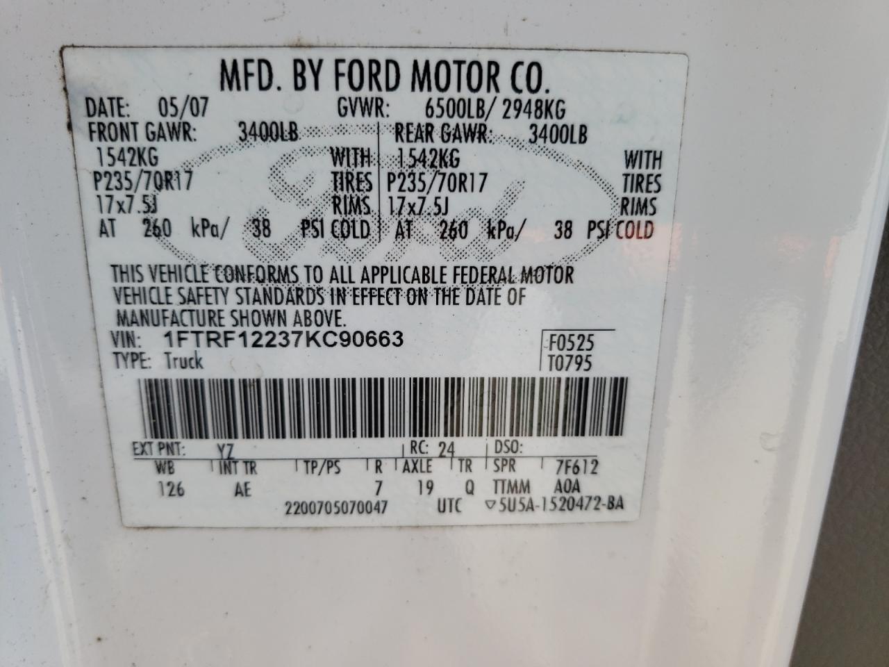 Photo 10 from auction – 2007 FORD F150 with VIN 1FTRF12237KC90663