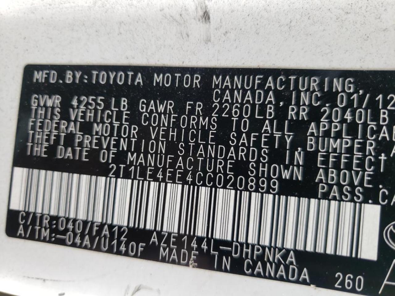 Photo 10 from auction – 2012 TOYOTA COROLLA MA with VIN 2T1LE4EE4CC020899