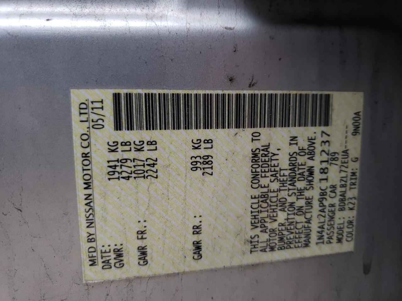 Photo 10 from auction – 2011 NISSAN ALTIMA BAS with VIN 1N4AL2AP9BC181237