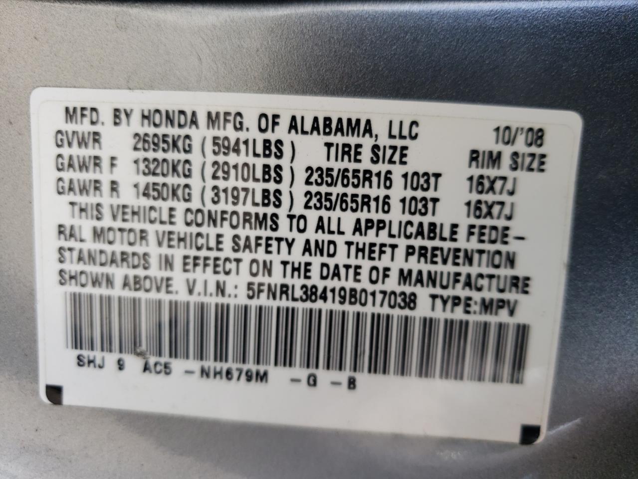 Photo 10 from auction – 2009 HONDA ODYSSEY EX with VIN 5FNRL38419B017038