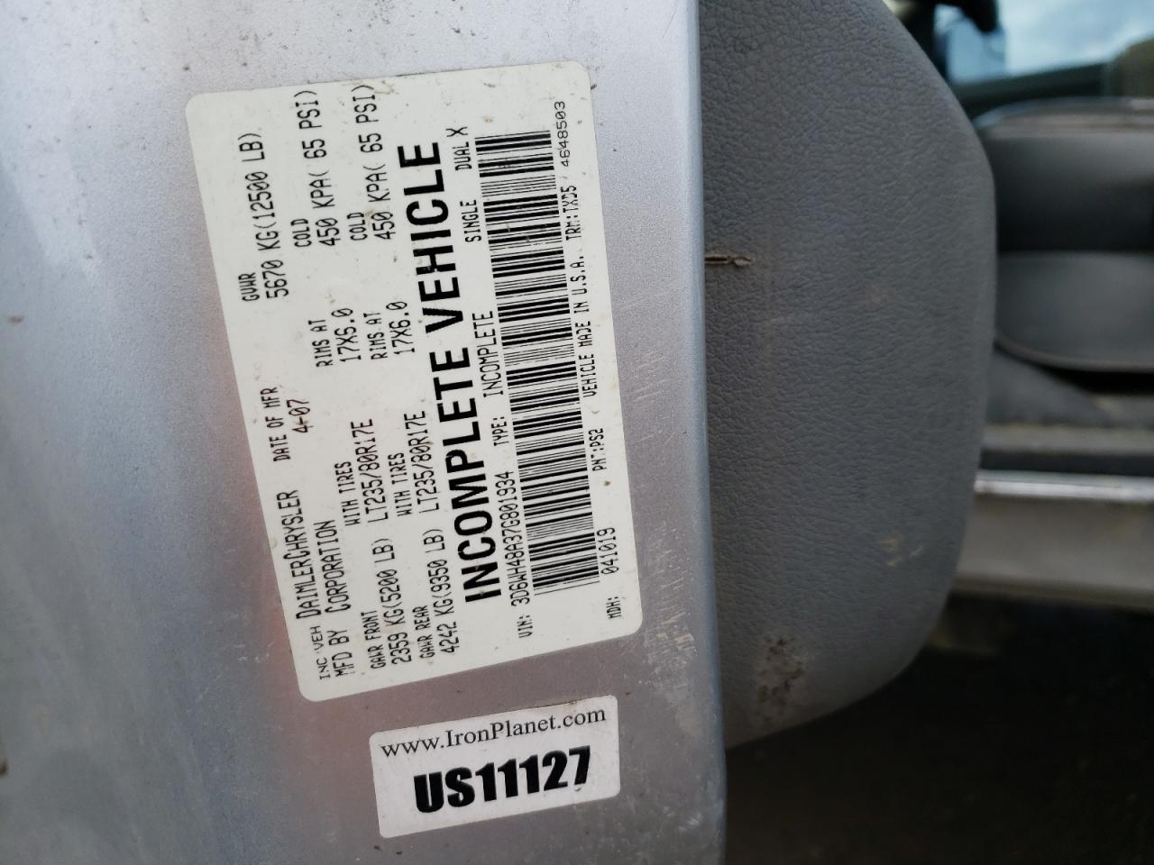 Photo 10 from auction – 2007 DODGE RAM 3500 S with VIN 3D6WH48A37G801934