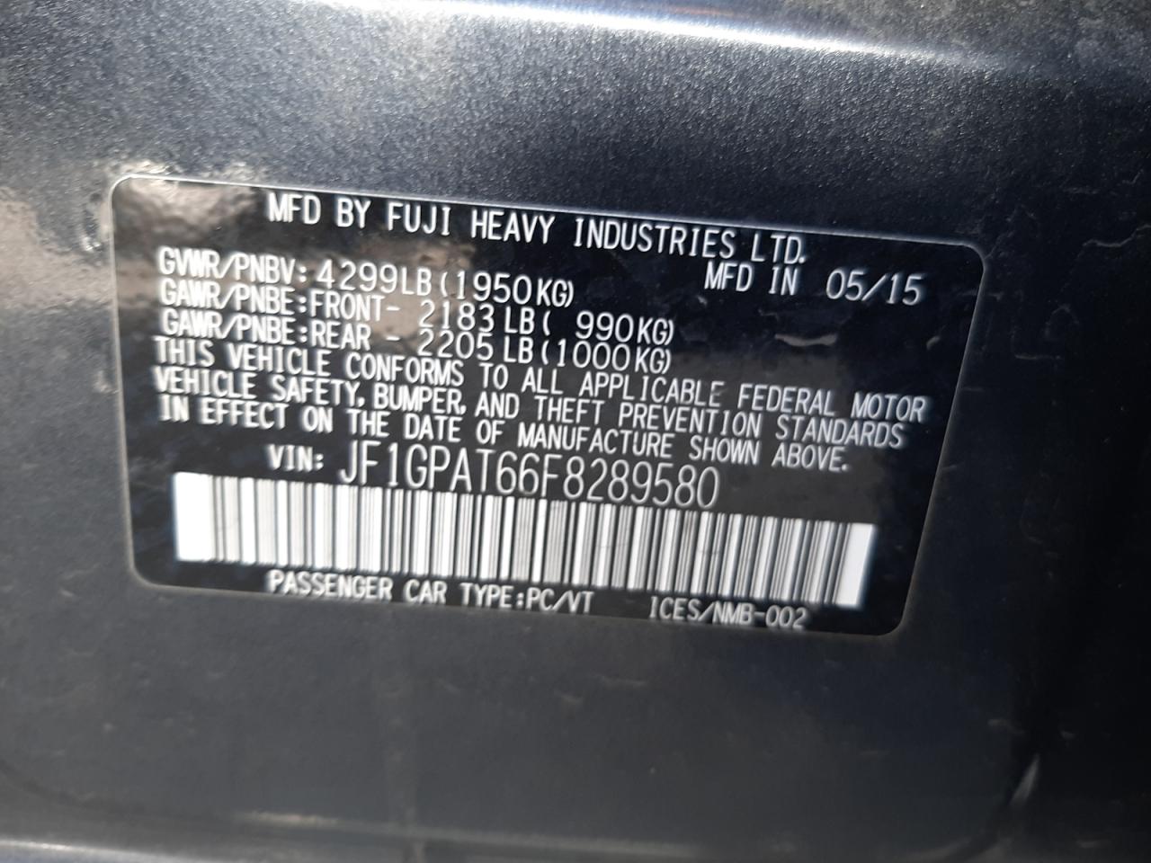 Photo 10 from auction – 2015 SUBARU IMPREZA SP with VIN JF1GPAT66F8289580