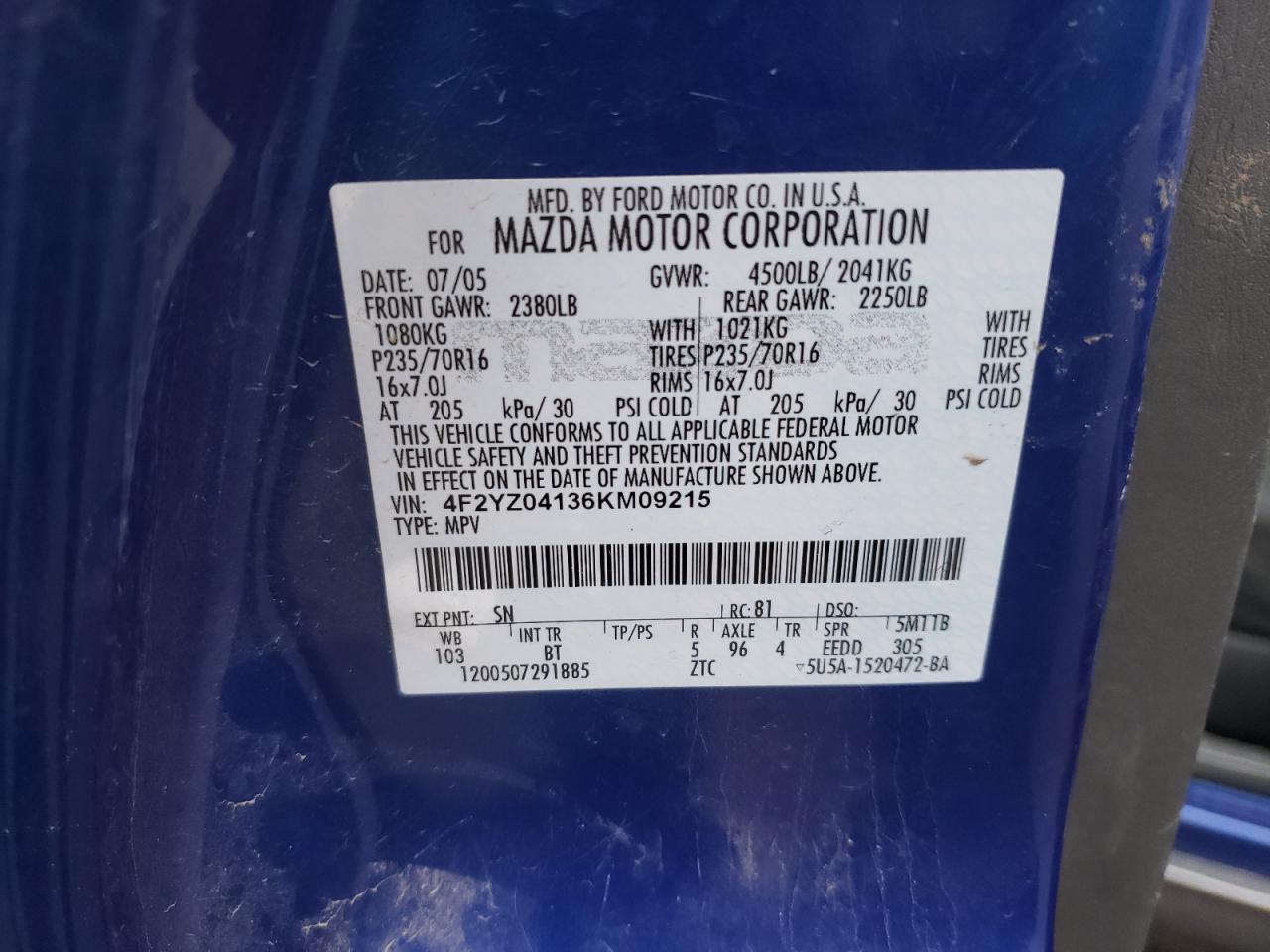 Photo 10 from auction – 2006 MAZDA TRIBUTE S with VIN 4F2YZ04136KM09215