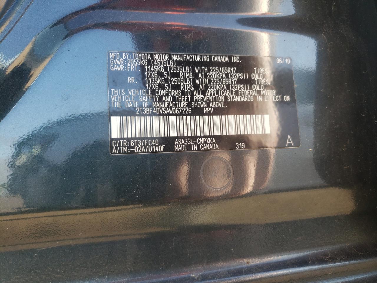 Photo 10 from auction – 2010 TOYOTA RAV4 with VIN 2T3BF4DV5AW067226