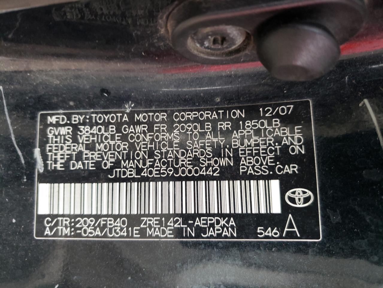 Photo 10 from auction – 2009 TOYOTA COROLLA BA with VIN JTDBL40E59J000442