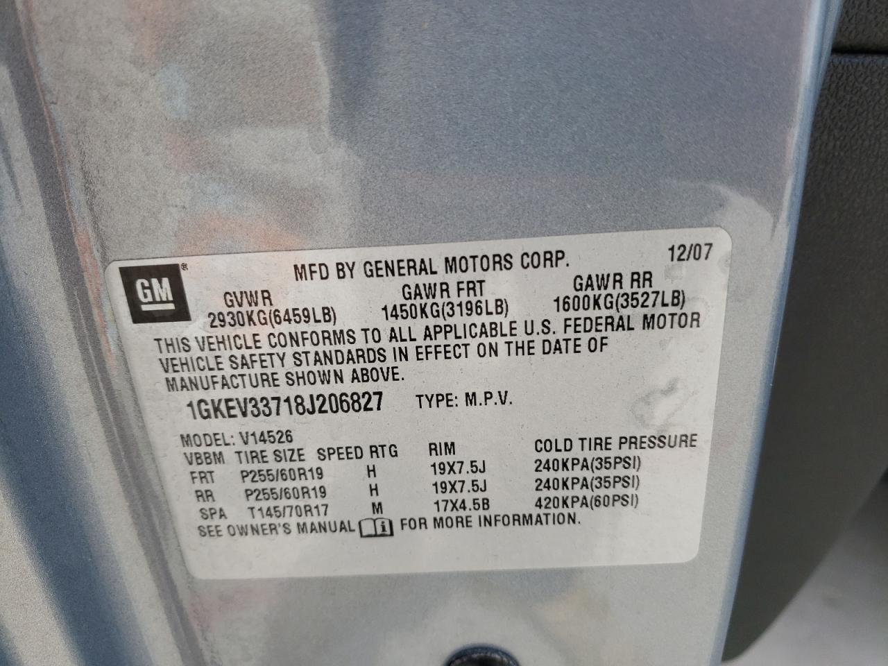 Photo 10 from auction – 2008 GMC ACADIA SLT with VIN 1GKEV33718J206827