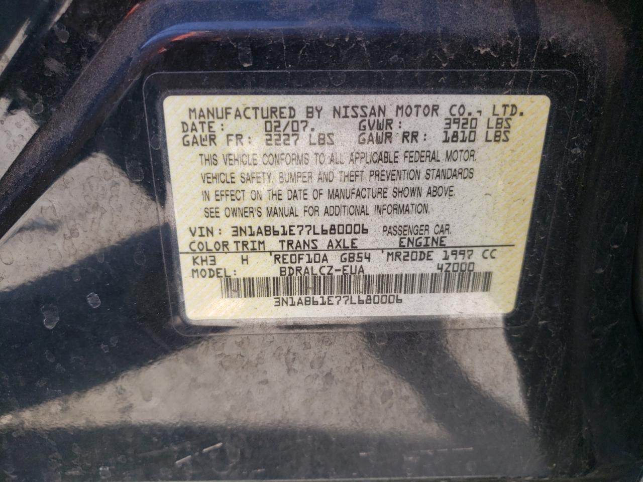 Photo 10 from auction – 2007 NISSAN SENTRA 2.0 with VIN 3N1AB61E77L680006