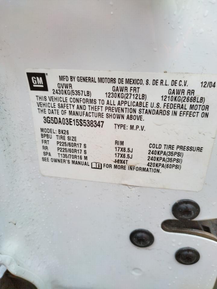 Photo 10 from auction – 2005 BUICK RENDEZVOUS with VIN 3G5DA03E15S538347