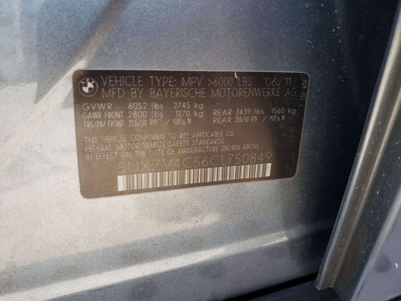 Photo 10 from auction – 2012 BMW X5 XDRIVE3 with VIN 5UXZV4C56CL750849
