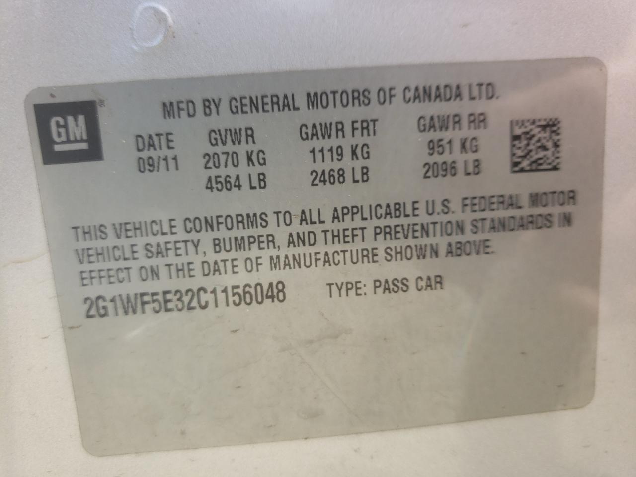 Photo 10 from auction – 2012 CHEVROLET IMPALA LS with VIN 2G1WF5E32C1156048