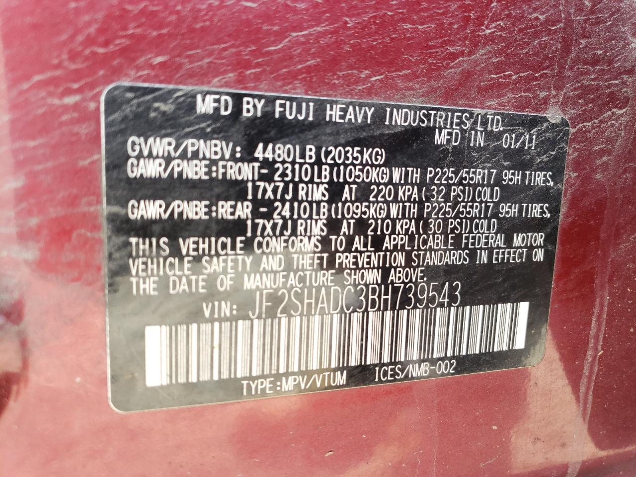 Photo 10 from auction – 2011 SUBARU FORESTER 2 with VIN JF2SHADC3BH739543