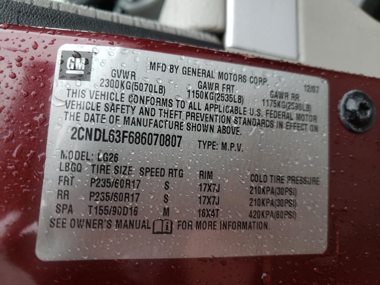 Photo 10 from auction – 2008 CHEVROLET EQUINOX LT with VIN 2CNDL63F686070807