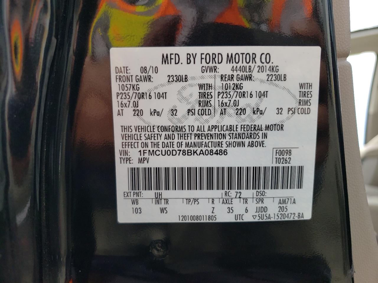 Photo 10 from auction – 2011 FORD ESCAPE XLT with VIN 1FMCU0D78BKA08486