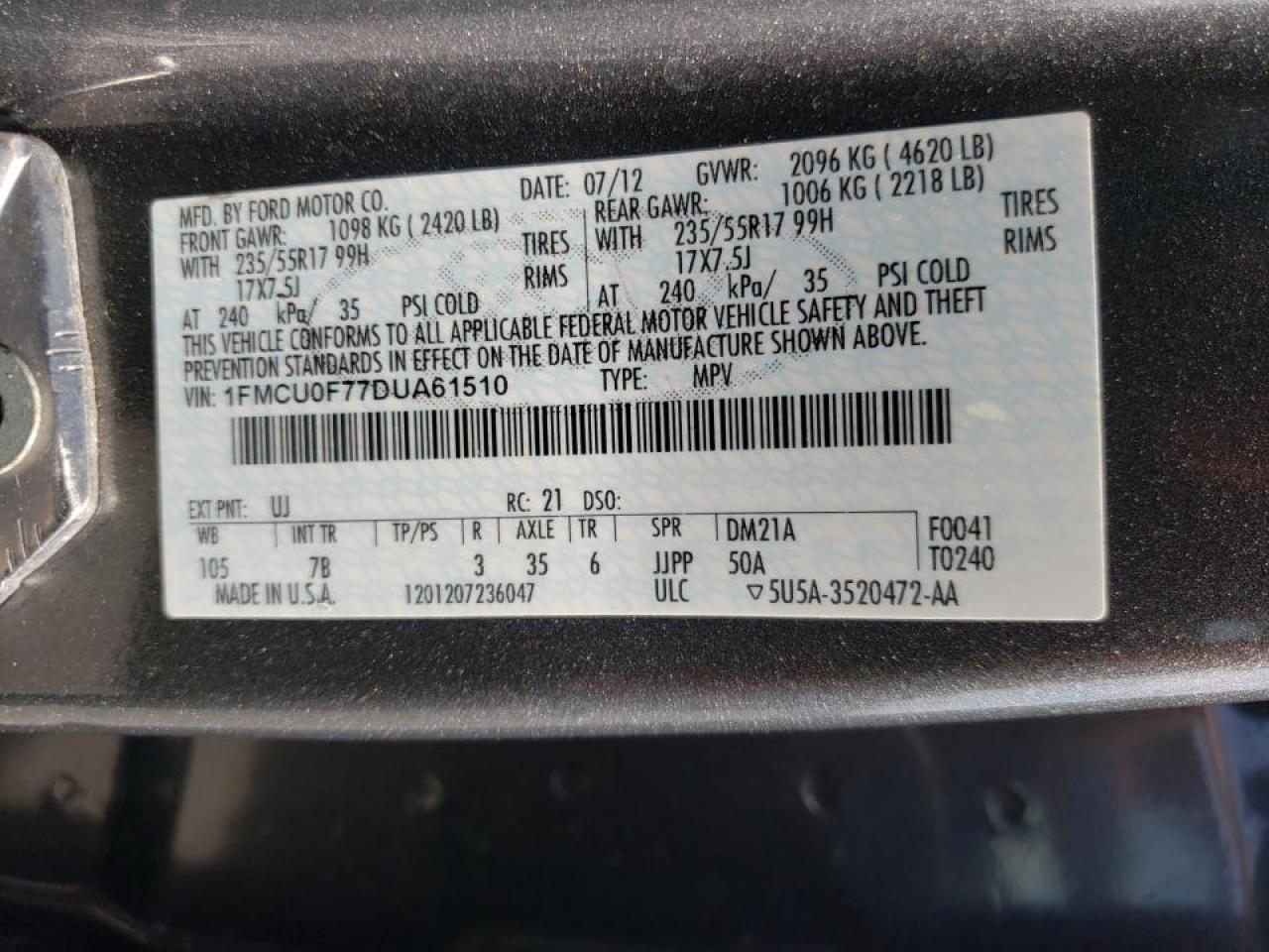 Photo 10 from auction – 2013 FORD ESCAPE S with VIN 1FMCU0F77DUA61510