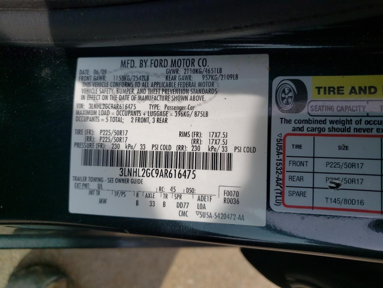 Photo 10 from auction – 2010 LINCOLN MKZ with VIN 3LNHL2GC9AR616475