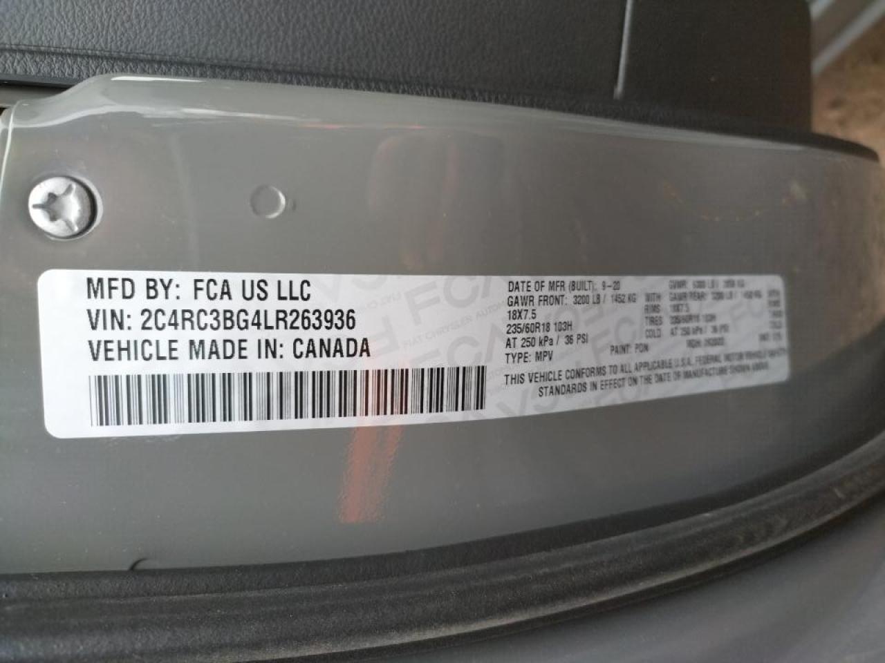 Photo 10 from auction – 2020 CHRYSLER PACIFICA T with VIN 2C4RC3BG4LR263936