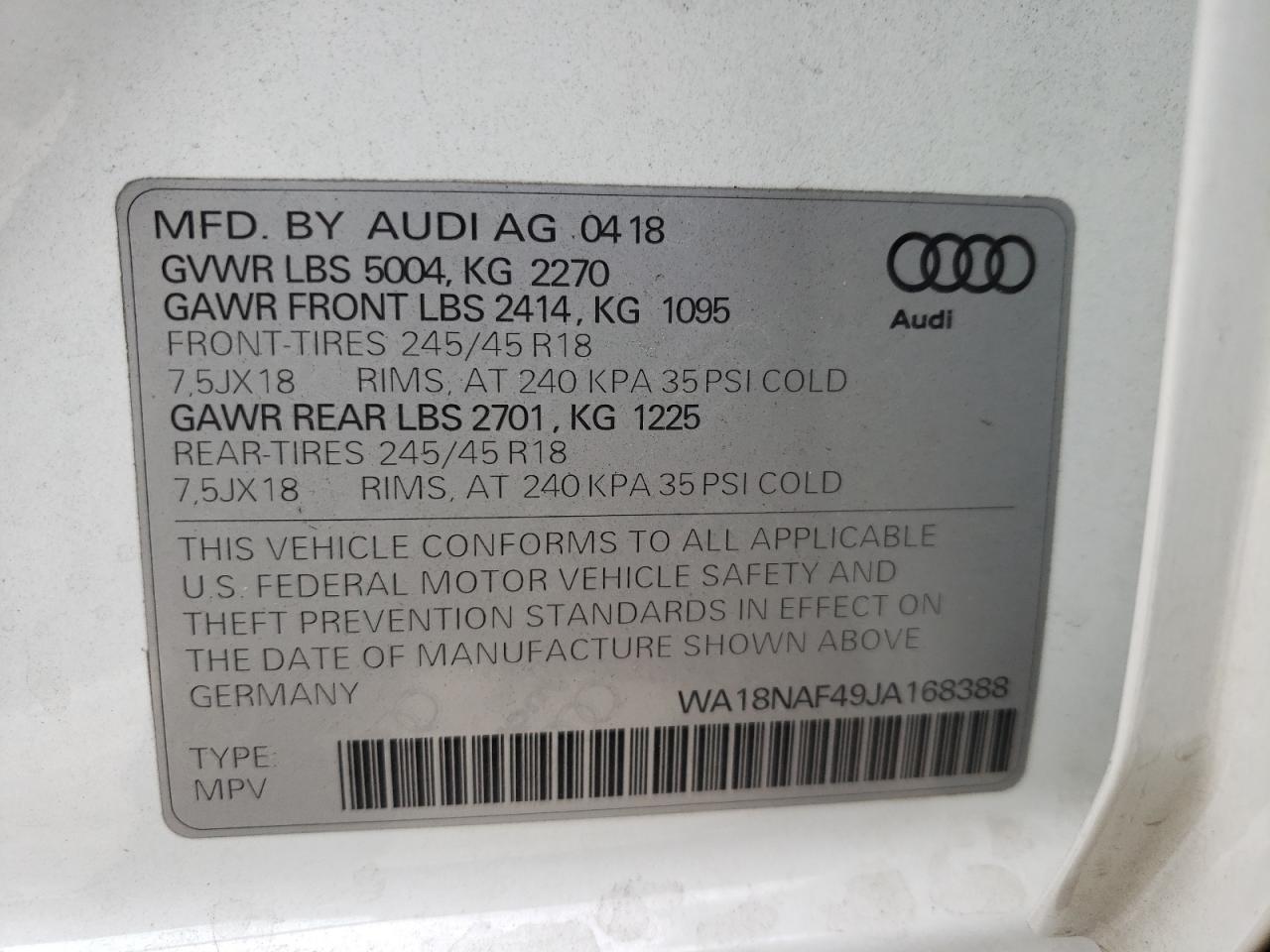 Photo 10 from auction – 2018 AUDI A4 ALLROAD with VIN WA18NAF49JA168388