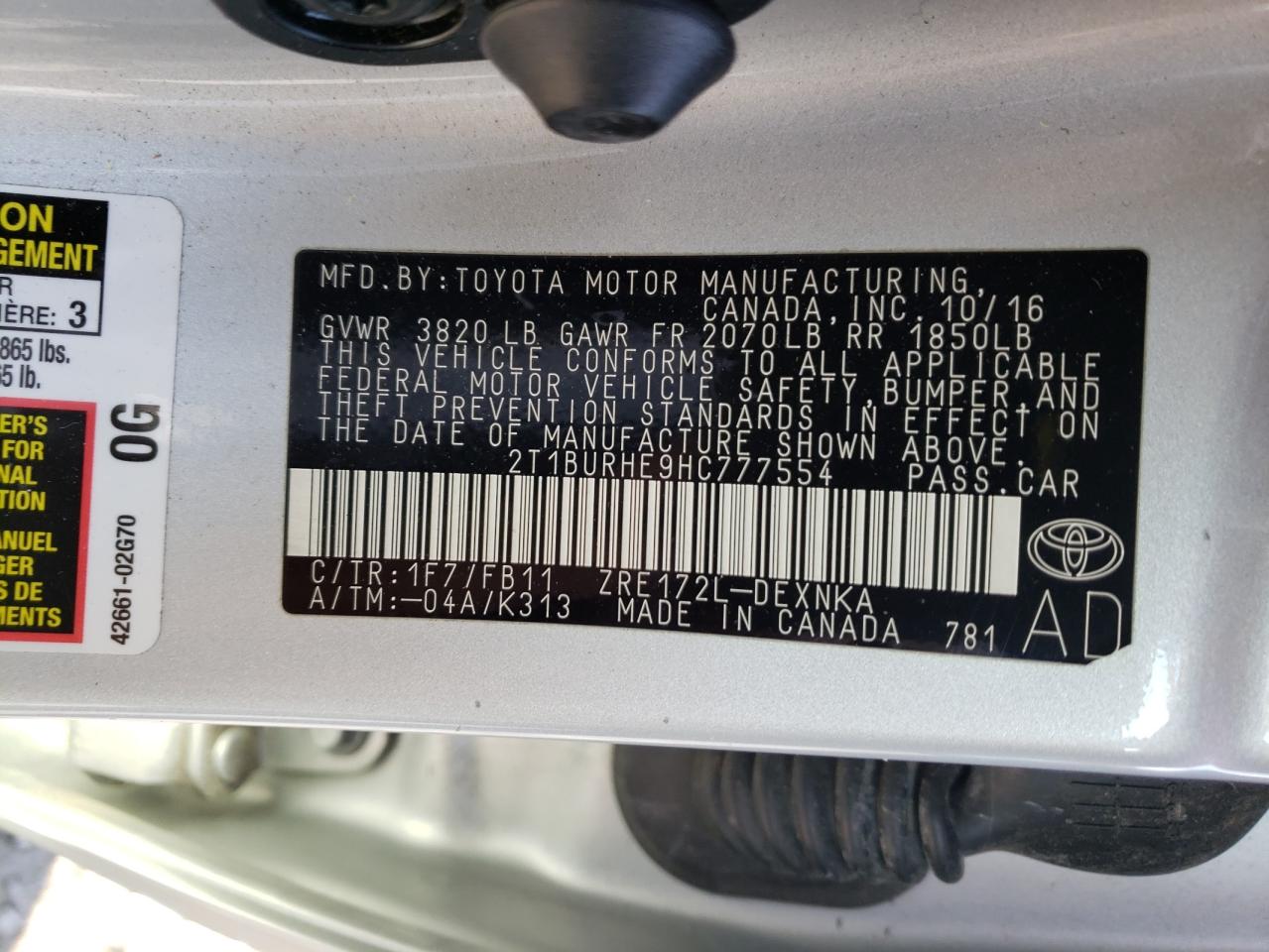 Photo 10 from auction – 2017 TOYOTA COROLLA L with VIN 2T1BURHE9HC777554
