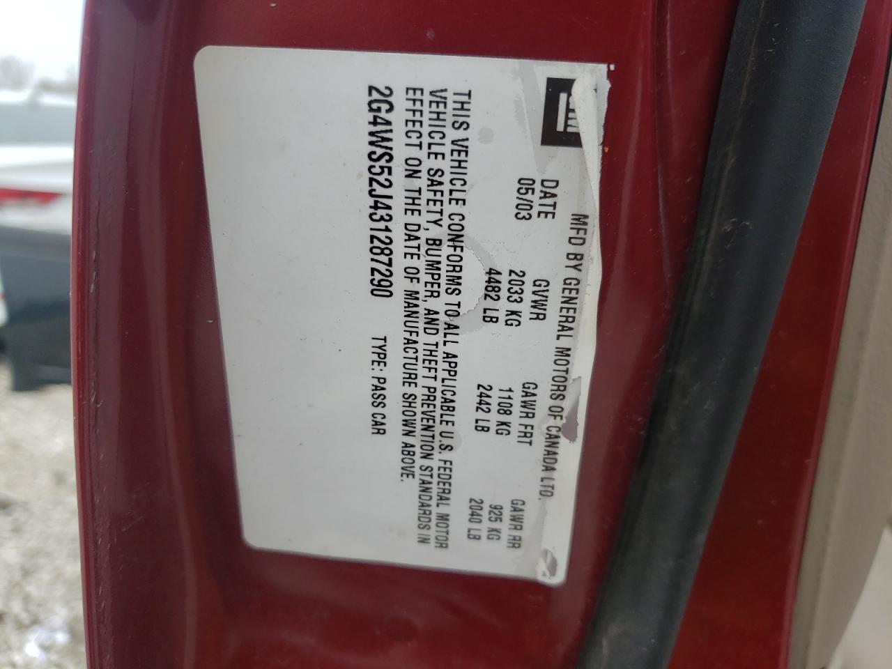 Photo 10 from auction – 2003 BUICK CENTURY CU with VIN 2G4WS52J431287290