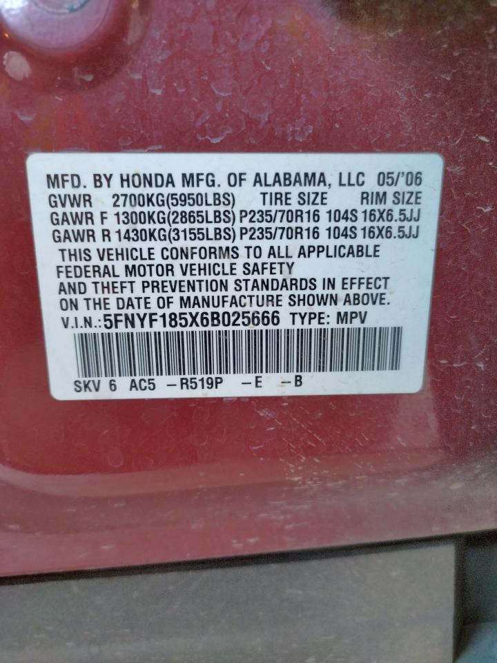 Photo 10 from auction – 2006 HONDA PILOT EX with VIN 5FNYF185X6B025666