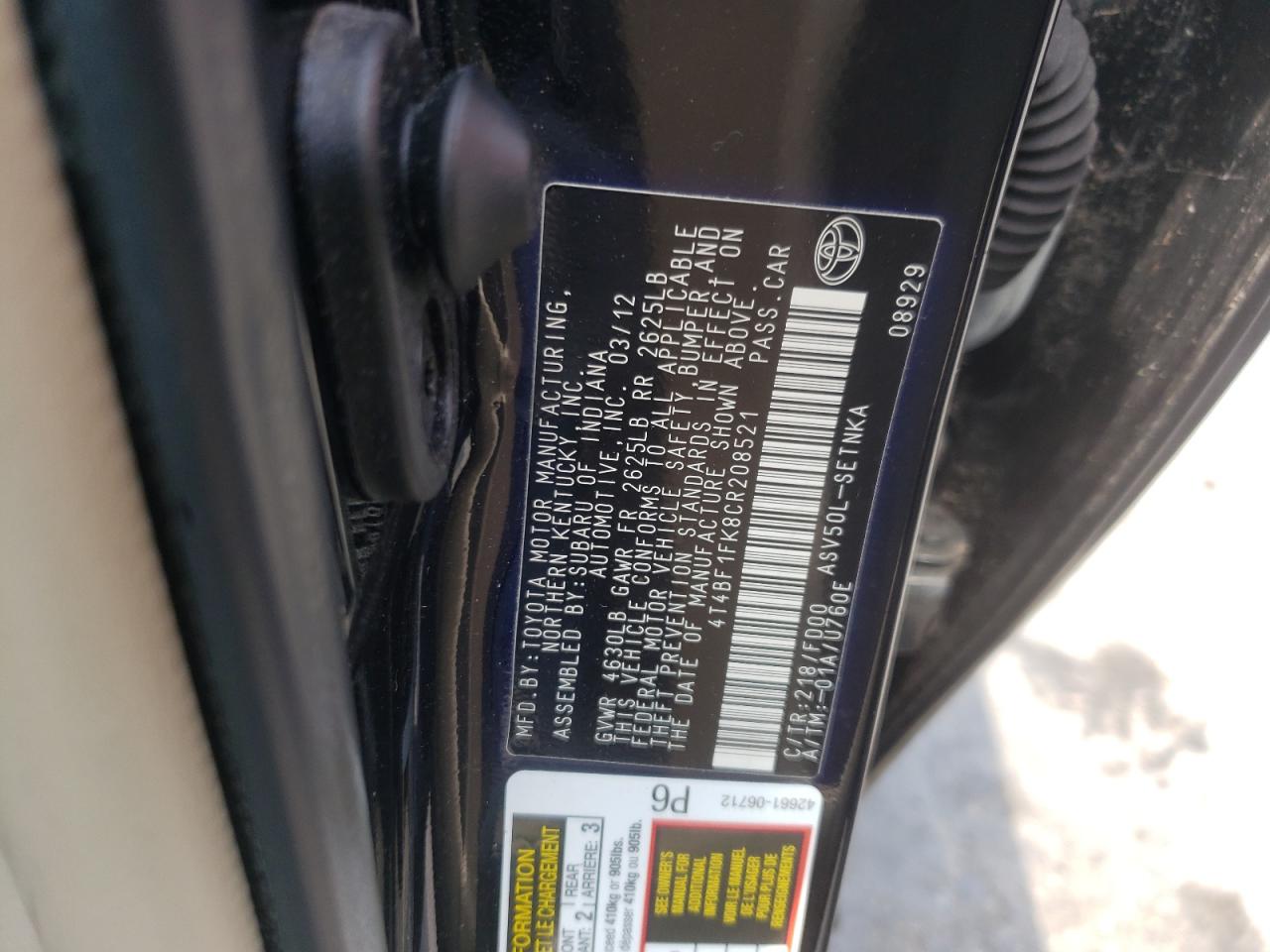 Photo 10 from auction – 2012 TOYOTA CAMRY BASE with VIN 4T4BF1FK8CR208521