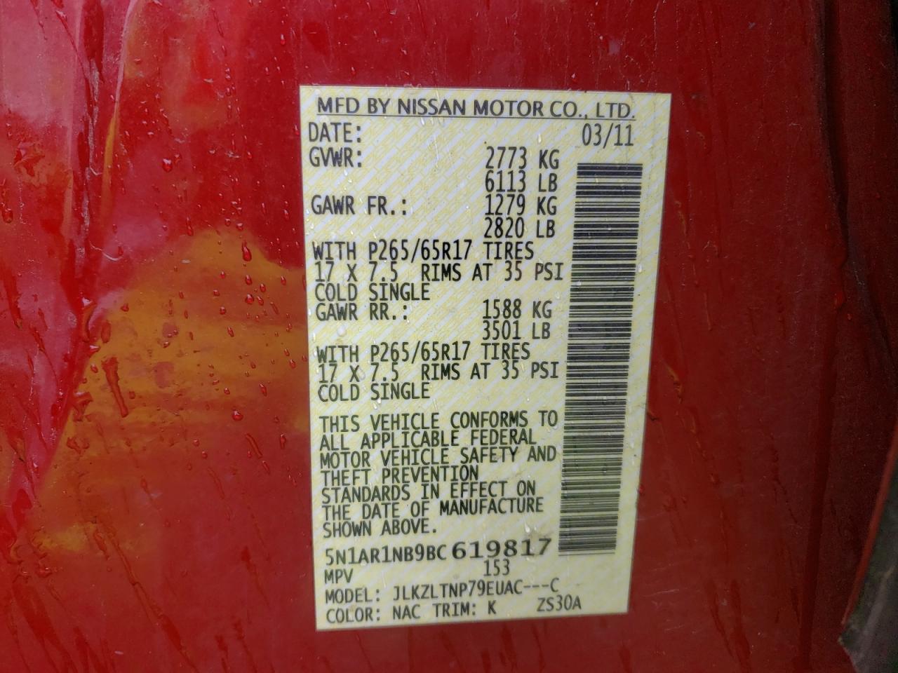 Photo 10 from auction – 2011 NISSAN PATHFINDER with VIN 5N1AR1NB9BC619817