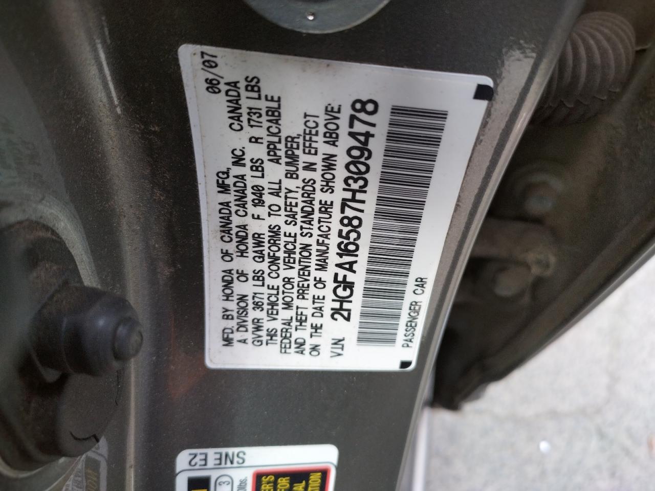 Photo 10 from auction – 2007 HONDA CIVIC LX with VIN 2HGFA16587H309478