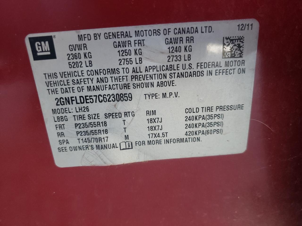 Photo 10 from auction – 2012 CHEVROLET EQUINOX LT with VIN 2GNFLDE57C6230859