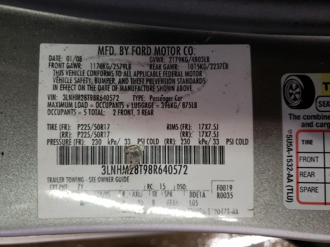 Photo 10 from auction – 2008 LINCOLN MKZ with VIN 3LNHM28T98R640572