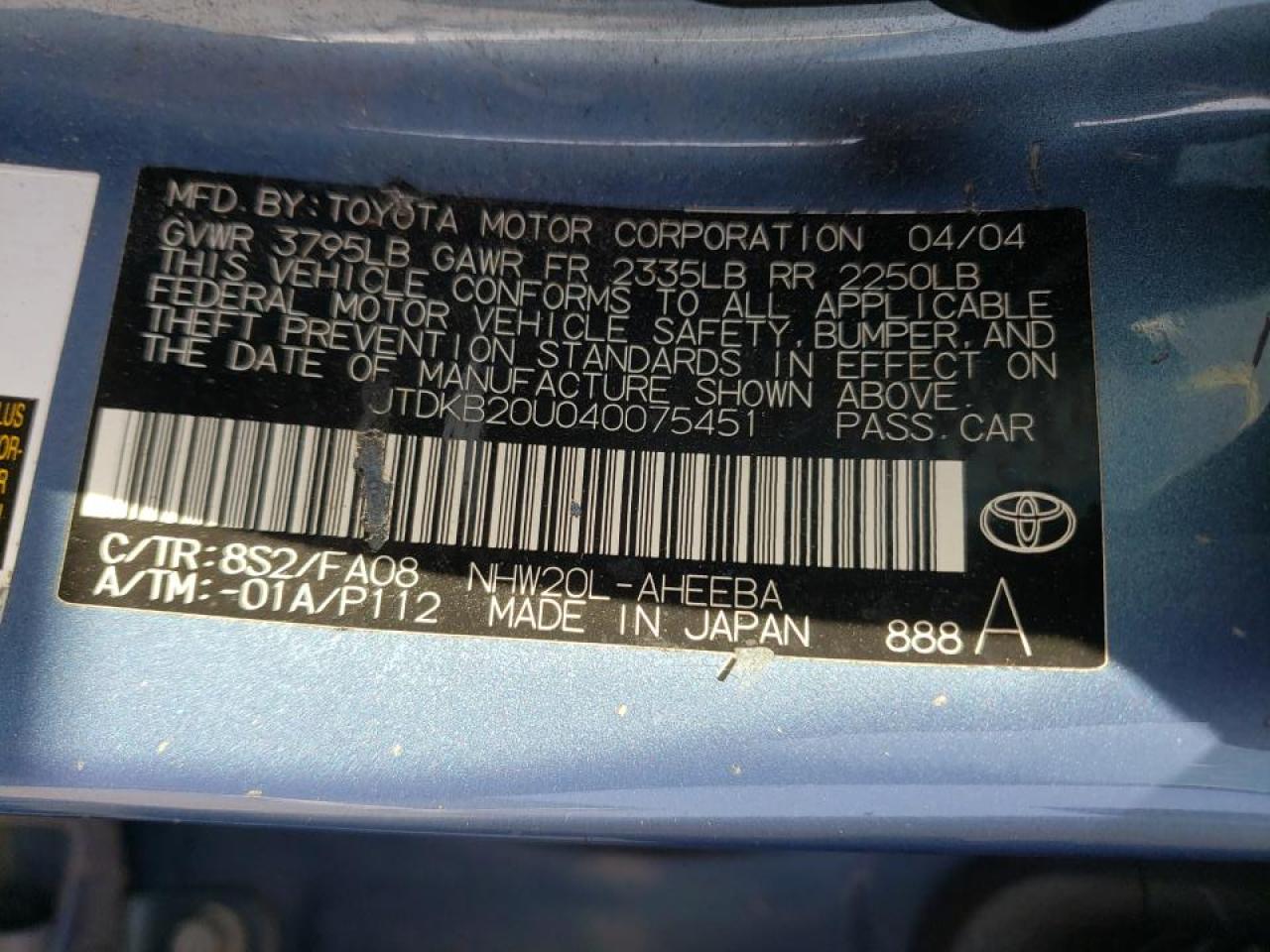 Photo 10 from auction – 2004 TOYOTA PRIUS with VIN JTDKB20U040075451