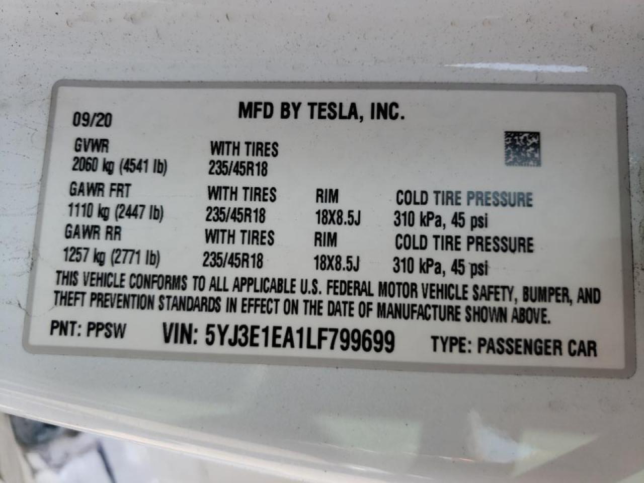 Photo 10 from auction – 2020 TESLA MODEL 3 with VIN 5YJ3E1EA1LF799699