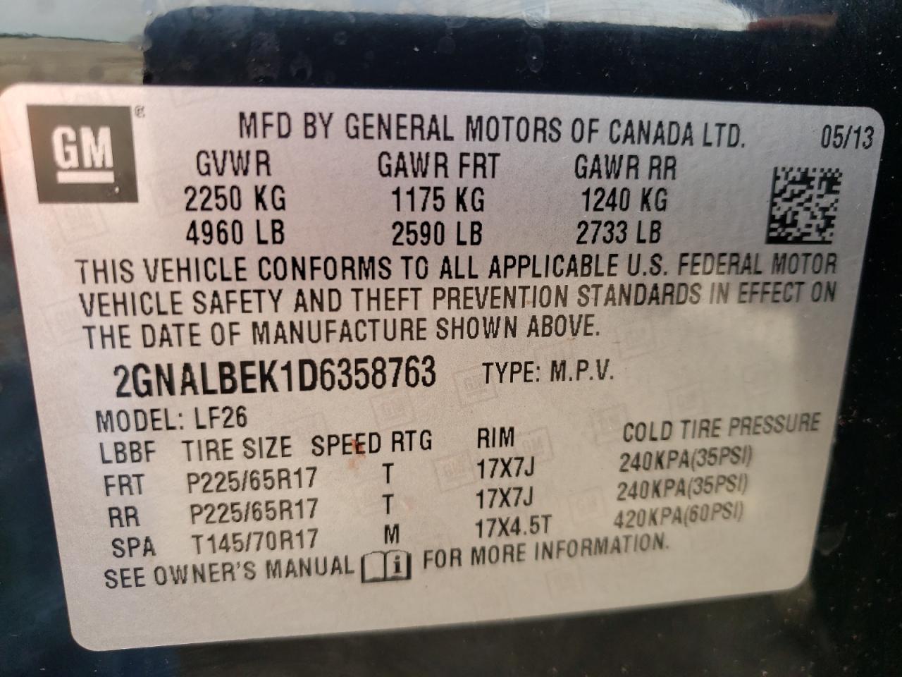 Photo 10 from auction – 2013 CHEVROLET EQUINOX LS with VIN 2GNALBEK1D6358763