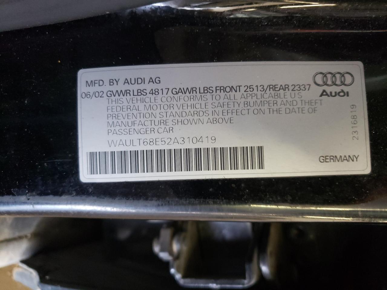 Photo 10 from auction – 2002 AUDI A4 3.0 QUA with VIN WAULT68E52A310419