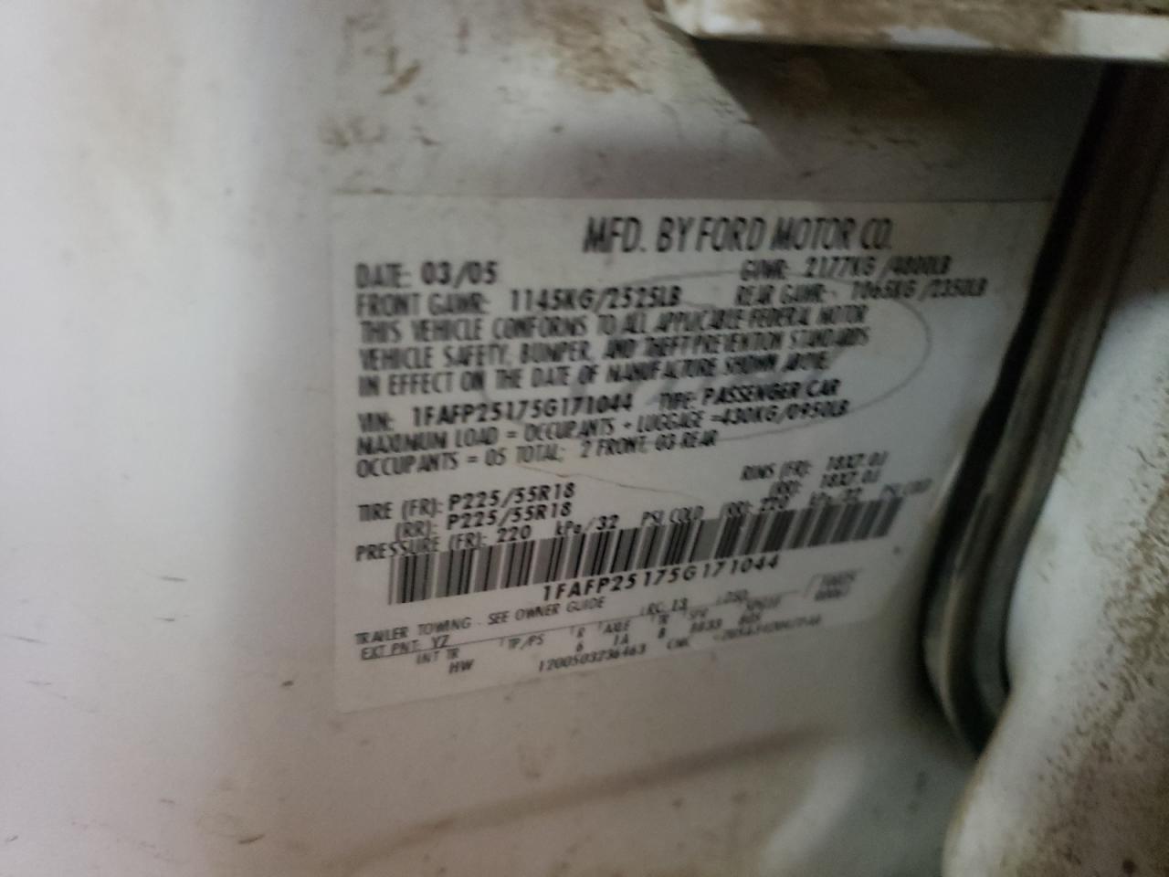 Photo 10 from auction – 2005 FORD FIVE HUNDR with VIN 1FAFP25175G171044