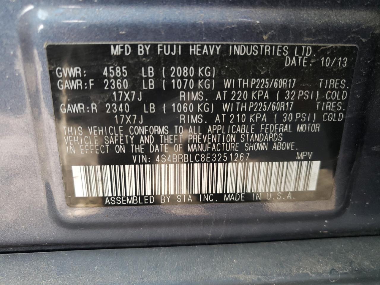 Снимка 10 от търг – 2014 SUBARU OUTBACK 2. с VIN 4S4BRBLC8E3251267