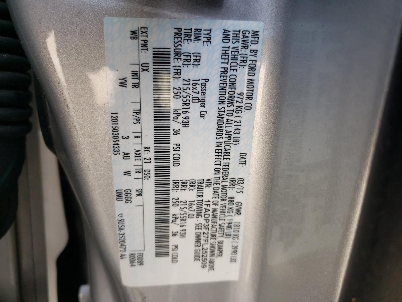 Photo 10 from auction – 2015 FORD FOCUS SE with VIN 1FADP3F27FL252509