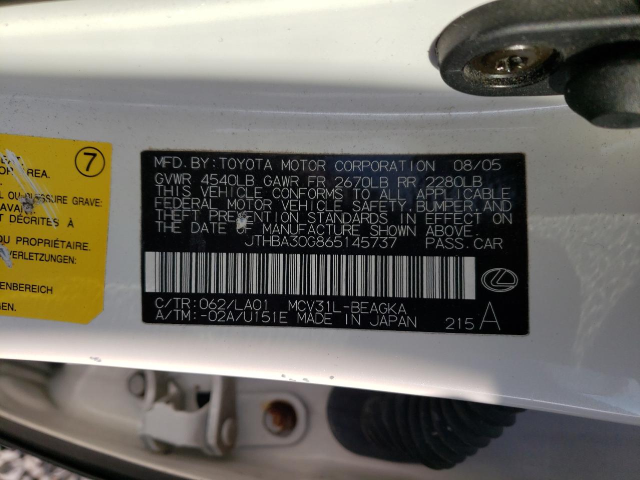 Photo 10 from auction – 2006 LEXUS ES 330 with VIN JTHBA30G865145737