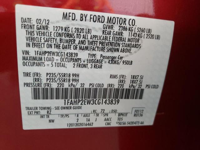 Photo 10 from auction – 2012 FORD TAURUS SEL with VIN 1FAHP2EW3CG143839