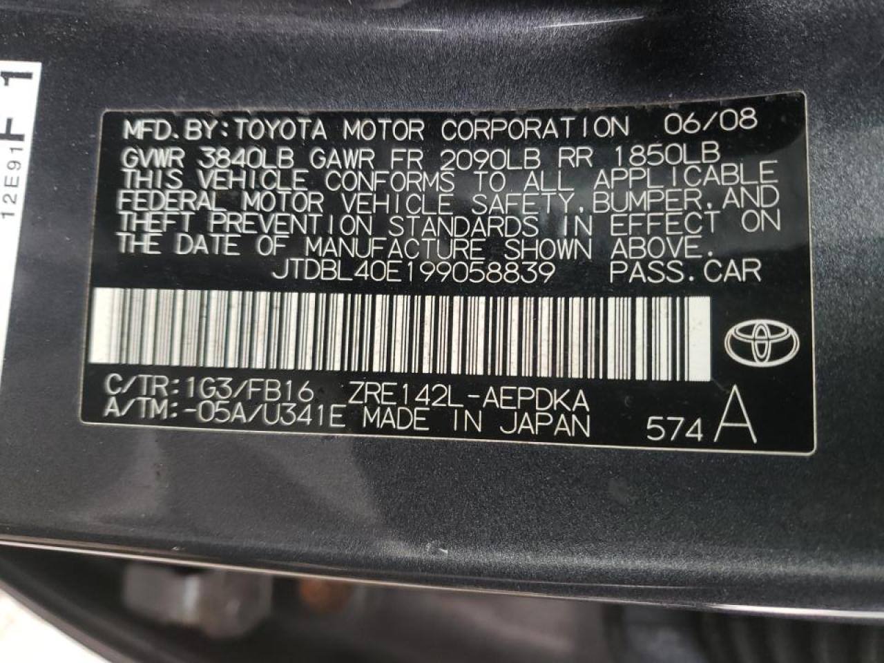 Photo 10 from auction – 2009 TOYOTA COROLLA with VIN JTDBL40E199058839