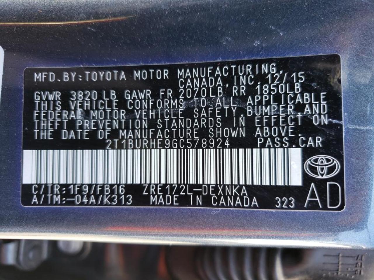 Photo 10 from auction – 2016 TOYOTA COROLLA L with VIN 2T1BURHE9GC578924