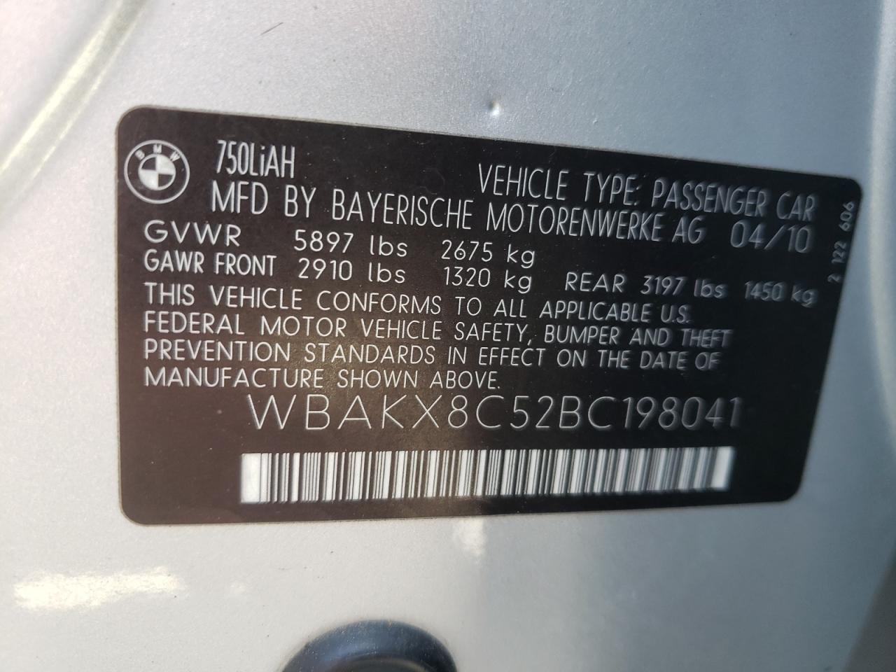 Photo 10 from auction – 2011 BMW 750 LI with VIN WBAKX8C52BC198041