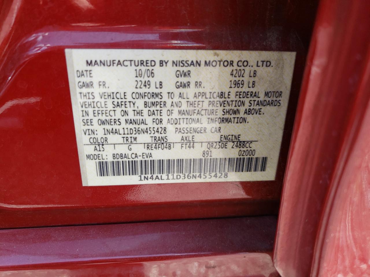 Photo 10 from auction – 2006 NISSAN ALTIMA with VIN 1N4AL11D36N455428