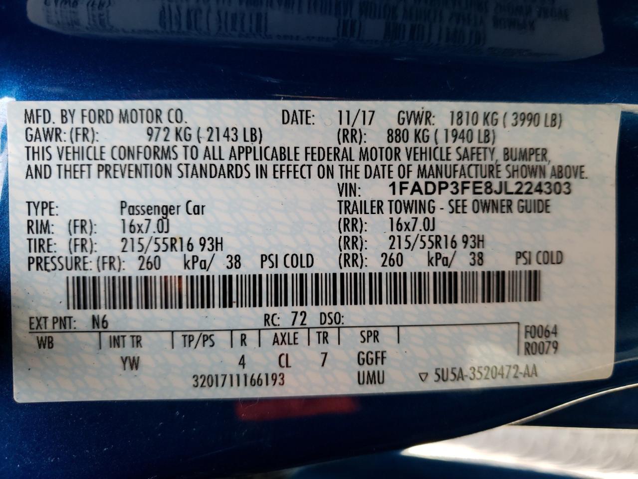 Photo 10 from auction – 2018 FORD FOCUS SE with VIN 1FADP3FE8JL224303