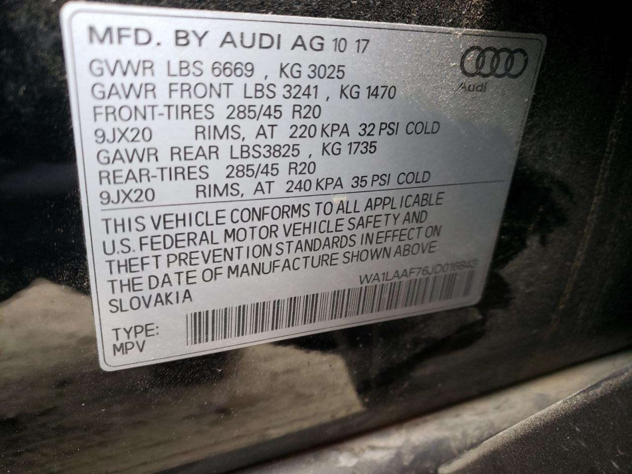 Photo 10 from auction – 2018 AUDI Q7 PREMIUM with VIN WA1LAAF76JD016843