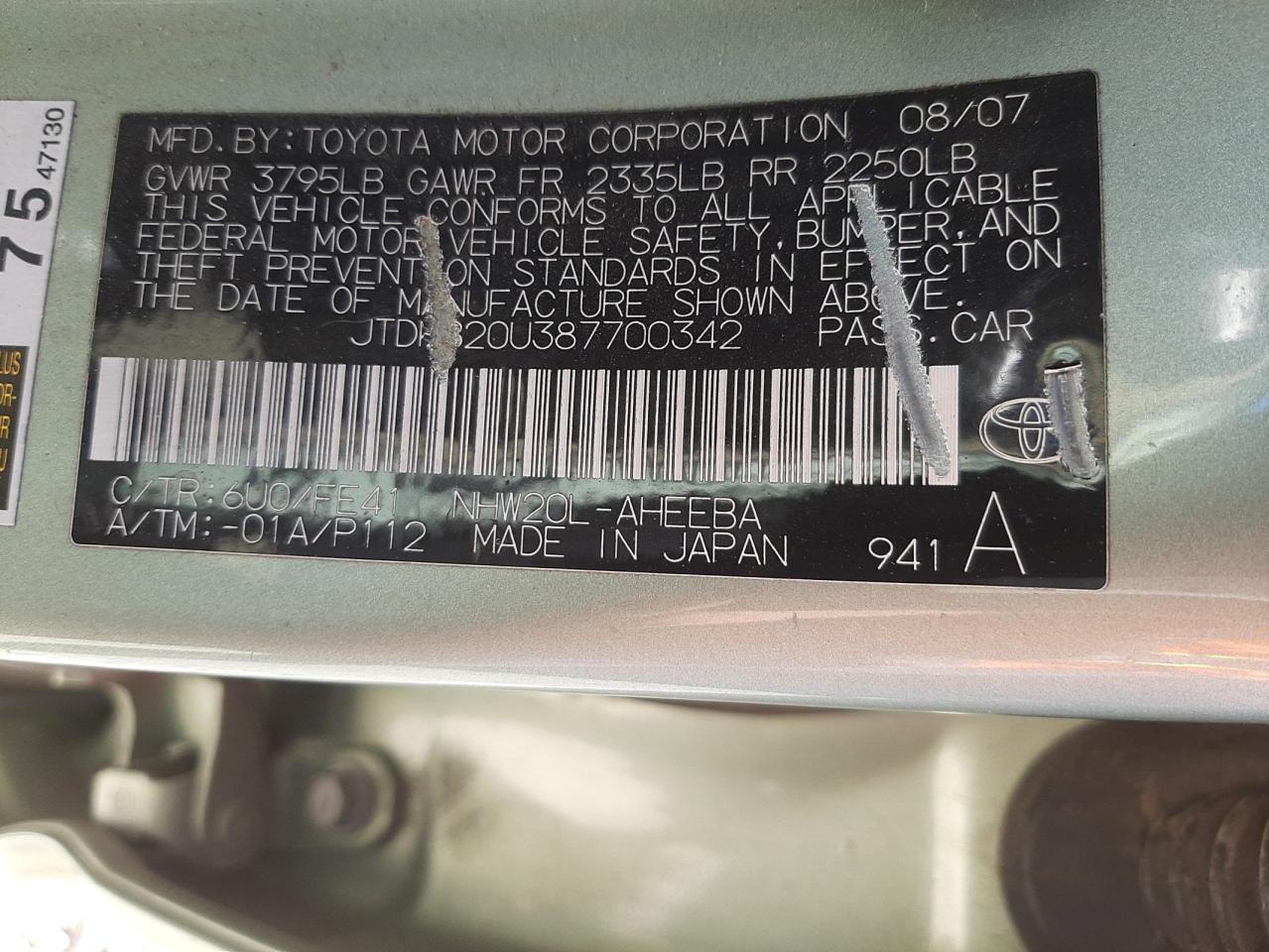 Photo 10 from auction – 2008 TOYOTA PRIUS with VIN JTDKB20U387700342