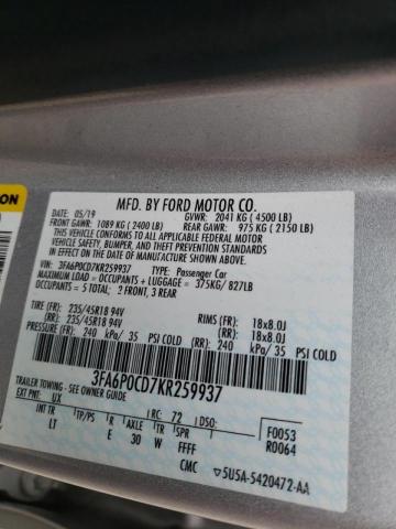 Photo 10 from auction – 2019 FORD FUSION SEL with VIN 3FA6P0CD7KR259937